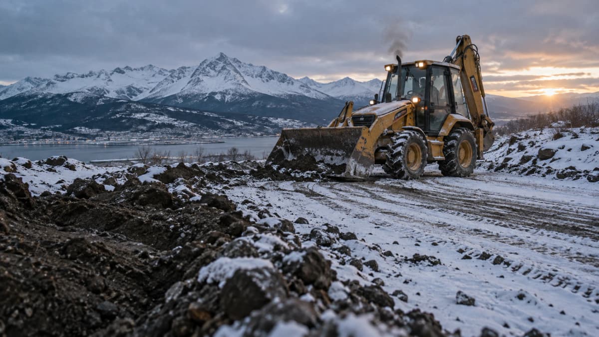 Retroexcavadora de Augusto Vial en un camino nevado cerca de Ushuaia